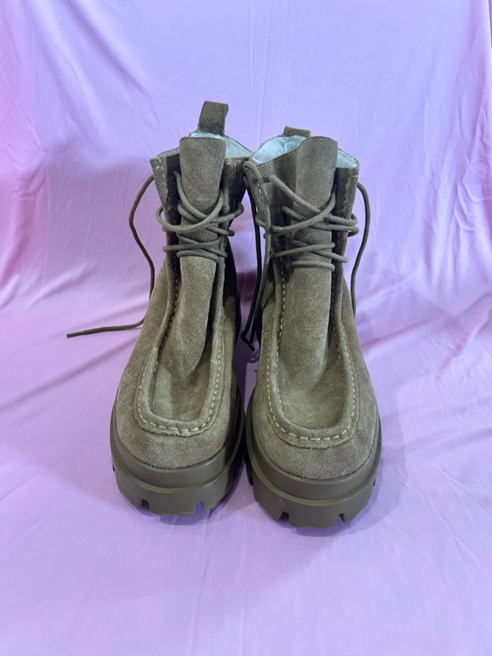 Zara Tan Suede Lace-Up Faux Fur Combat Boots NWT size 7.5